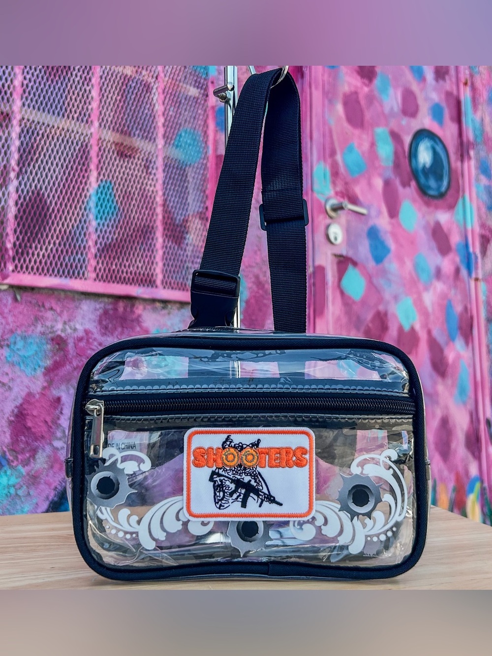 ‘SHOOTERS’  Clear Crossbody Bag 10” | Black with Retro Embroidered Patch